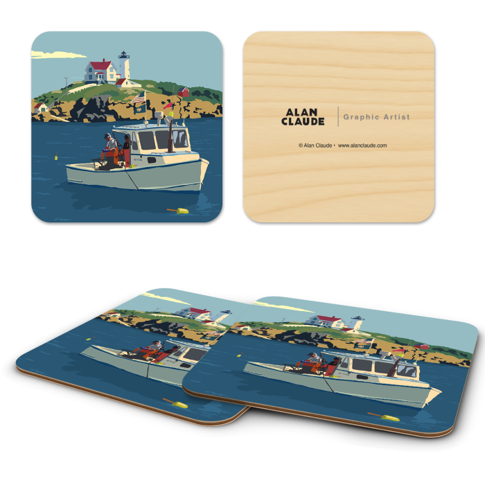 Lobstering Nubble ME birchwood 4x4 inch decorative coaster set by Alan Claude - Trays4Us