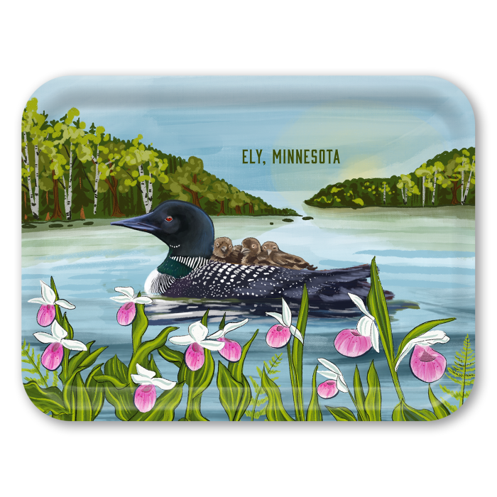 Loon and Lady Slippers Name-drop birchwood decorative serving tray large 16.5x12.5 inch by Little Rocks Design - Trays4Us