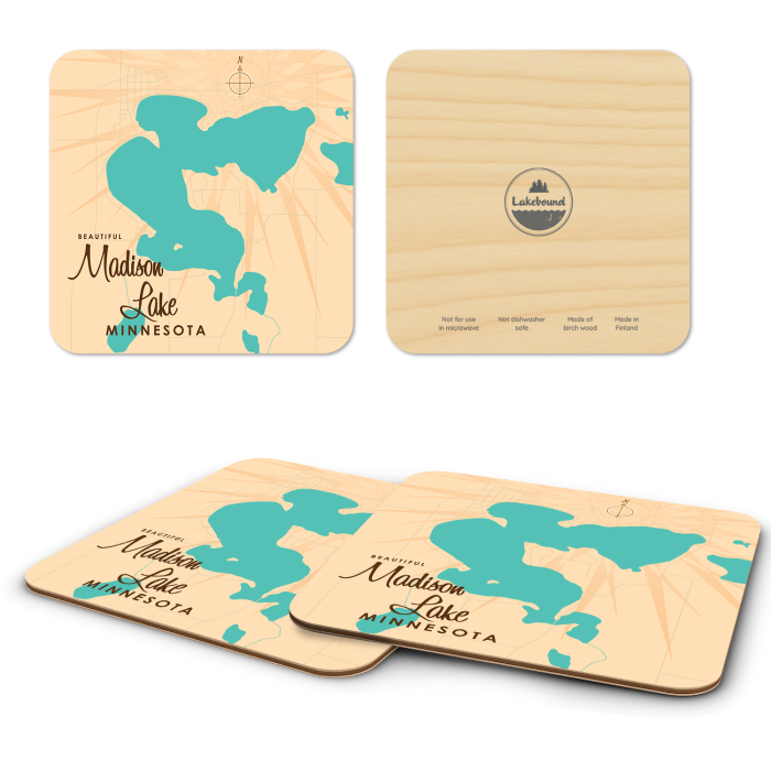 Madison Lake MN birchwood 4x4 inch decorative coaster set by Lakebound - Trays4Us