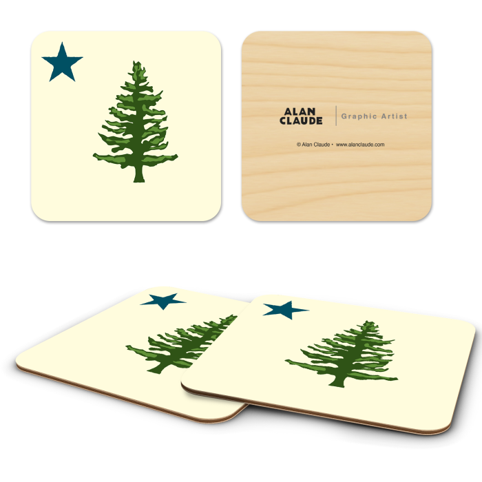 Maine Flag birchwood 4x4 inch decorative coaster set by Alan Claude - Trays4Us