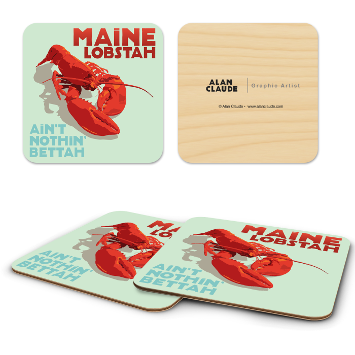 Maine Lobstah birchwood 4x4 inch decorative coaster set by Alan Claude - Trays4Us