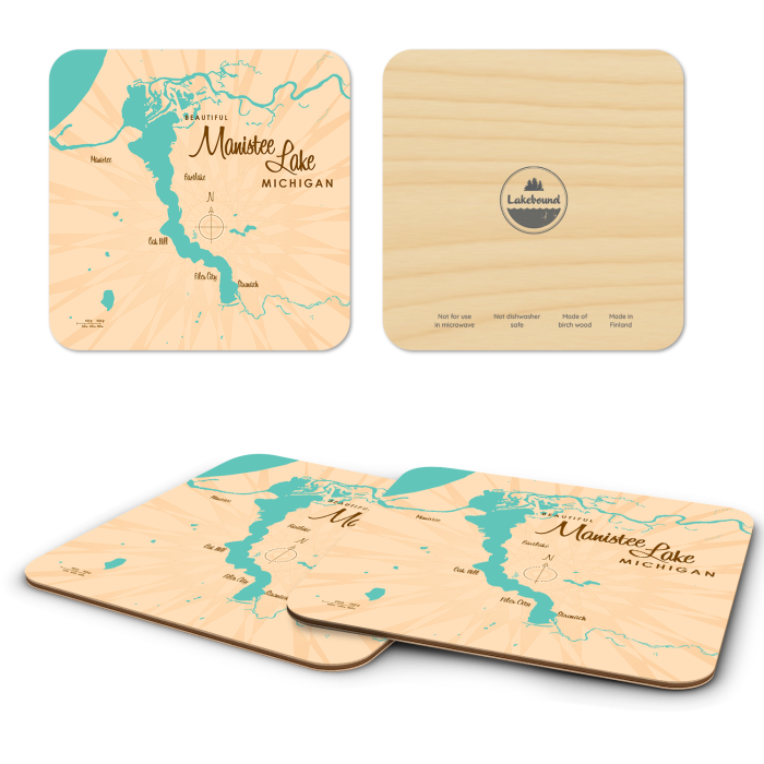 Manistee Lake MI birchwood 4x4 inch decorative coaster set by Lakebound - Trays4Us