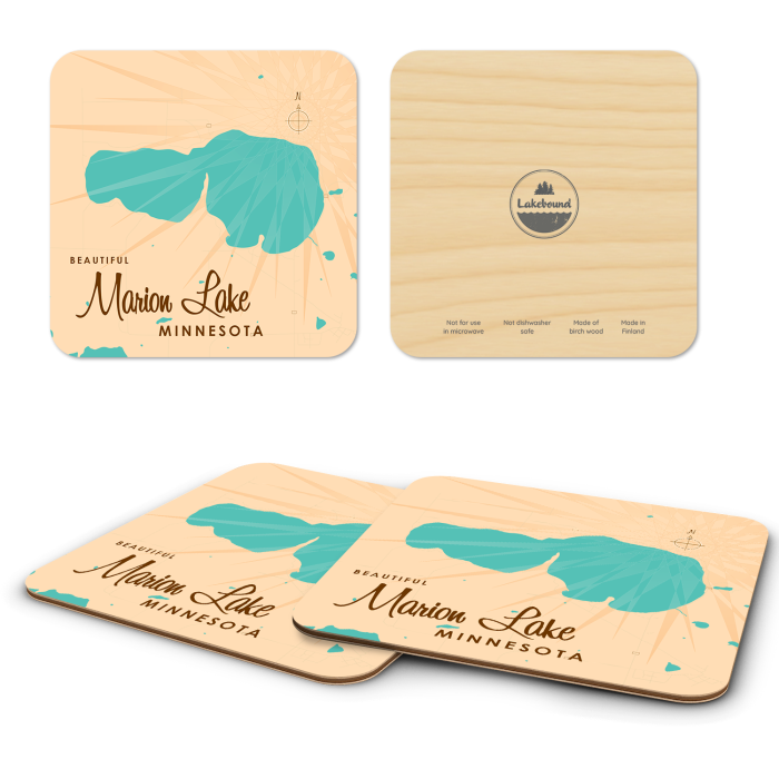 Marion Lake MN birchwood 4x4 inch decorative coaster set by Lakebound - Trays4Us