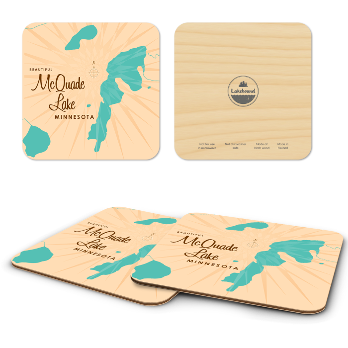 McQuade Lake MN birchwood 4x4 inch decorative coaster set by Lakebound - Trays4Us