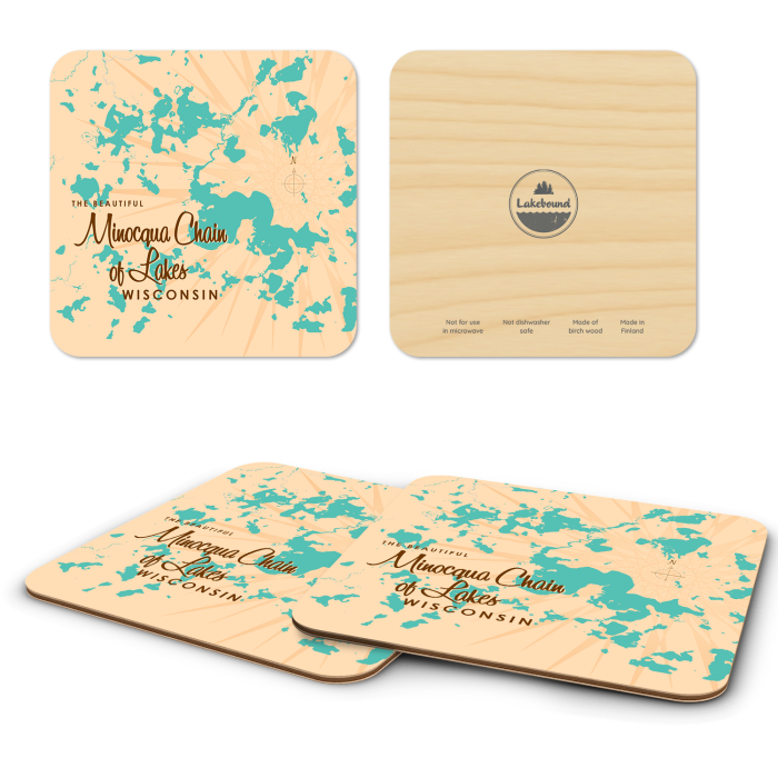 Minocqua Chain WI birchwood 4x4 inch decorative coaster set by Lakebound - Trays4Us