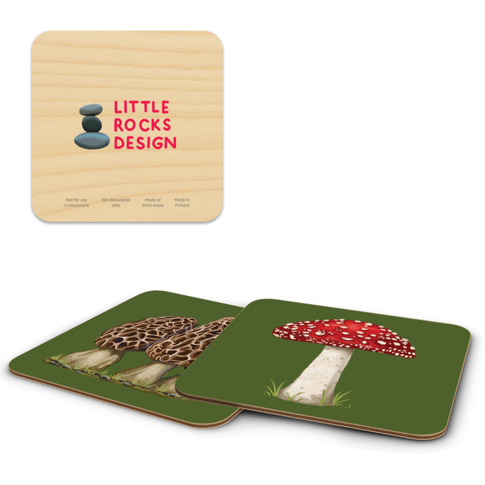 Midwest Mushrooms birchwood 4x4 inch decorative coaster set by Little Rocks Design - Trays4Us