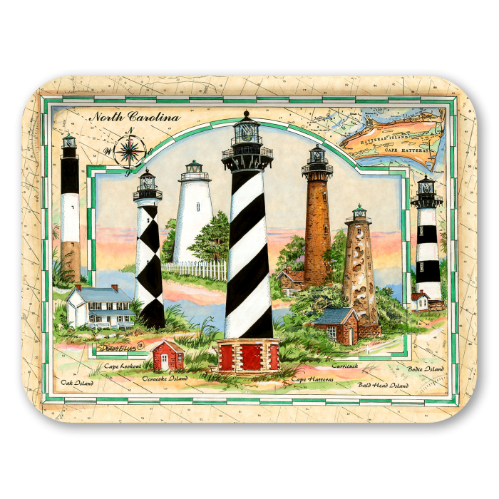 North Carolina Sea Chart Light Collage birchwood decorative serving tray large 16.5x12.5 inch by Donna Elias - Trays4Us
