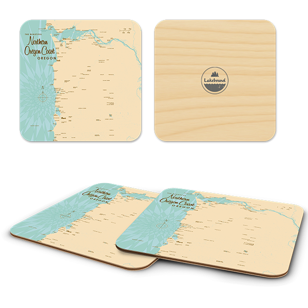 Northern Oregon Coast OR birchwood 4x4 inch decorative coaster set by Lakebound - Trays4Us
