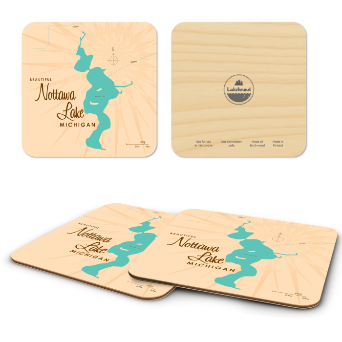 Nottawa Lake MI birchwood 4x4 inch decorative coaster set by Lakebound - Trays4Us