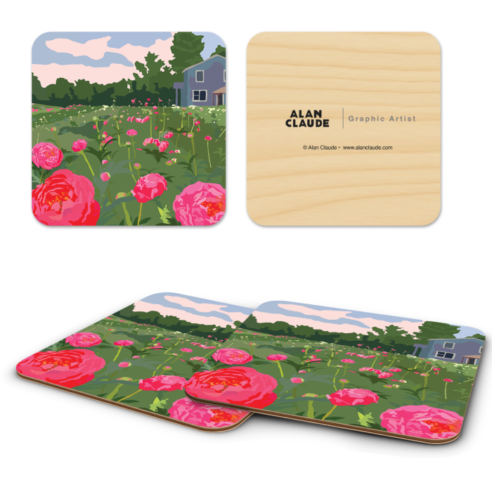Peaonies birchwood 4x4 inch decorative coaster set by Alan Claude - Trays4Us