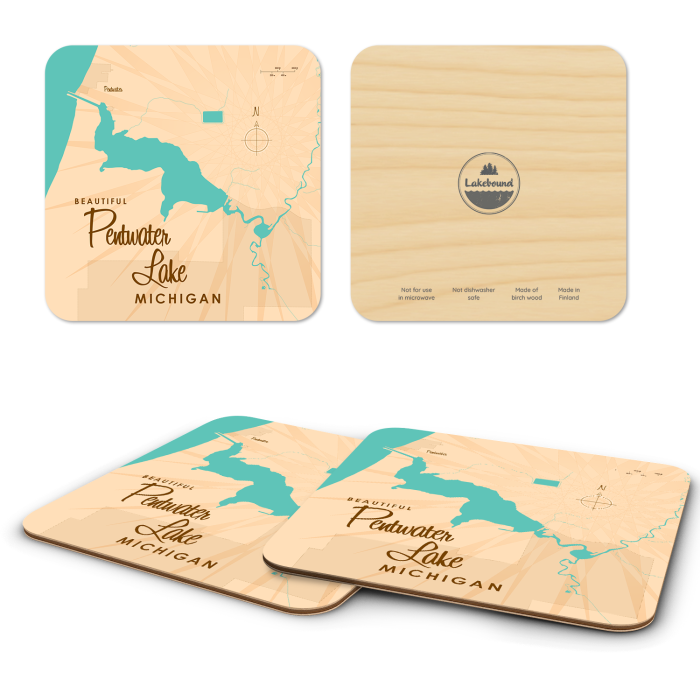 Pentwater Lake MI birchwood 4x4 inch decorative coaster set by Lakebound - Trays4Us