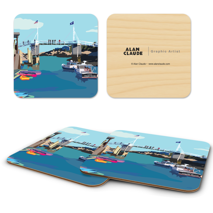 Perkins Cove Drawbridge ME birchwood 4x4 inch decorative coaster set by Alan Claude - Trays4Us