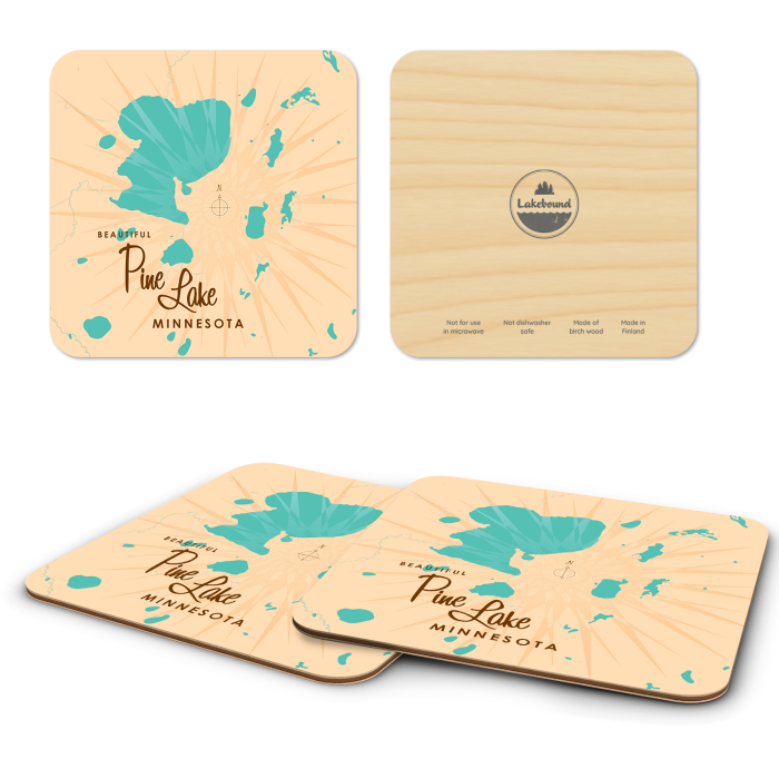 Pine Lake MN birchwood 4x4 inch decorative coaster set by Lakebound - Trays4Us