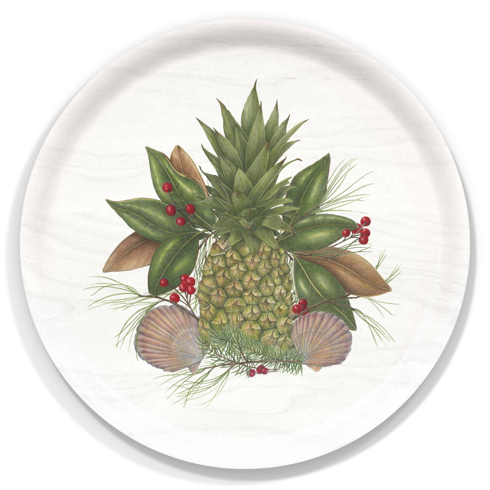 Pineapple Holiday birchwood decorative serving tray round 15.7 inch by Betsy Barry - Trays4Us