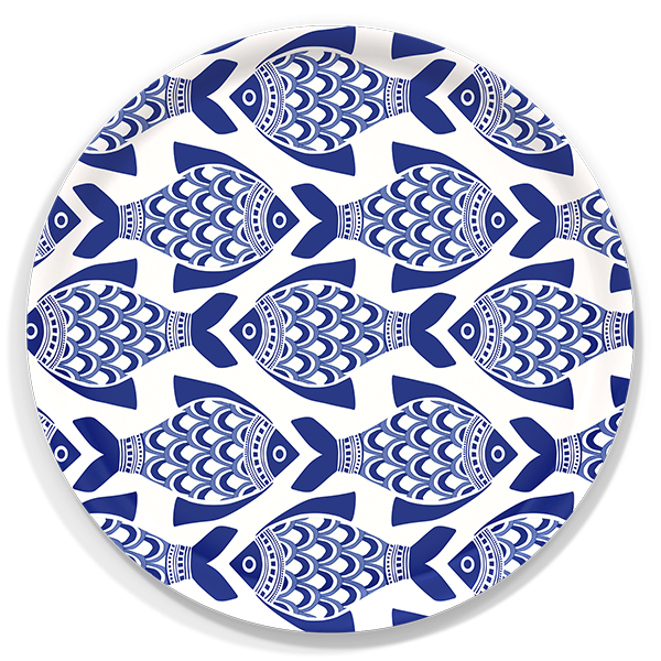Porcelain Fish birchwood decorative serving tray round 15.7 inch by Kate Nelligan - Trays4Us