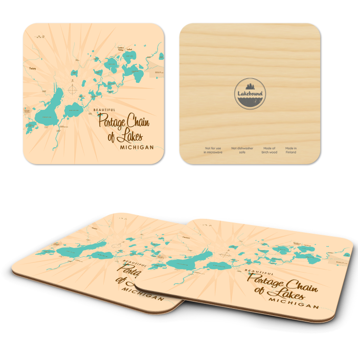 Portage Chain of Lakes MI birchwood 4x4 inch decorative coaster set by Lakebound - Trays4Us