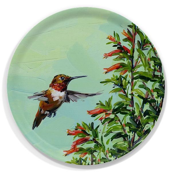 Red Hummingbird birchwood decorative serving tray round 15.7 inch by Alyssa Watters - Trays4Us