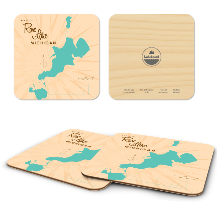 Rose Lake MI birchwood 4x4 inch decorative coaster set by Lakebound - Trays4Us