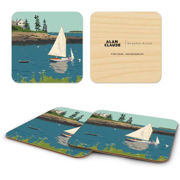 Sailing Long Cove ME birchwood 4x4 inch decorative coaster set by Alan Claude - Trays4Us