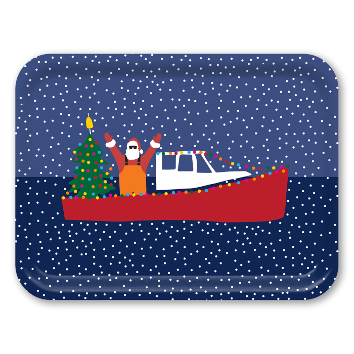 Santa Boat birchwood decorative serving tray large 16.5x12.5 inch by Kate Nelligan - Trays4Us