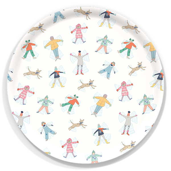 Snow Angels birchwood decorative serving tray round 15.7 inch by Sara Fitz - Trays4Us