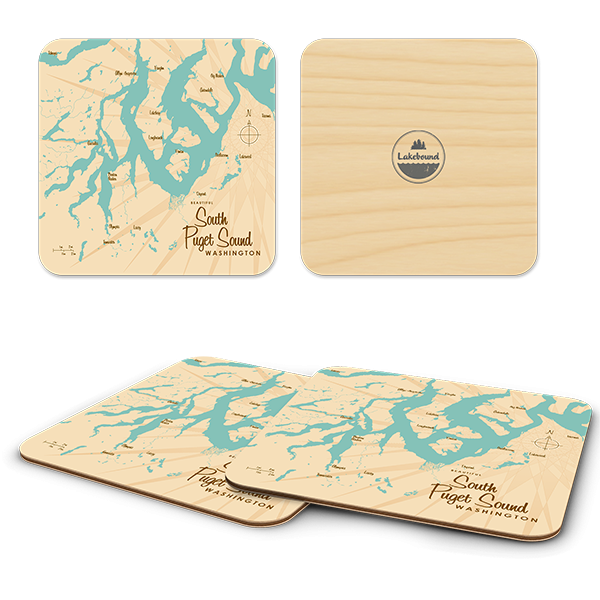 South Puget Sound WA birchwood 4x4 inch decorative coaster set by Lakebound - Trays4Us
