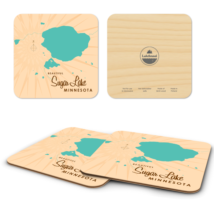 Sugar Lake MN birchwood 4x4 inch decorative coaster set by Lakebound - Trays4Us