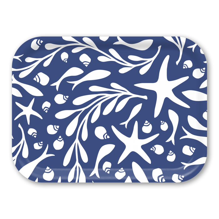Tidepool - Blue birchwood decorative serving tray medium 11x8 inch by Kate Nelligan - Trays4Us