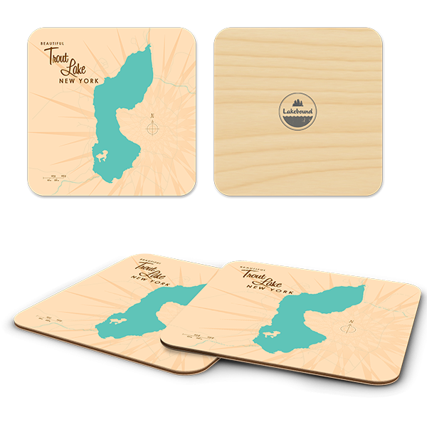 Trout Lake NY birchwood 4x4 inch decorative coaster set by Lakebound - Trays4Us