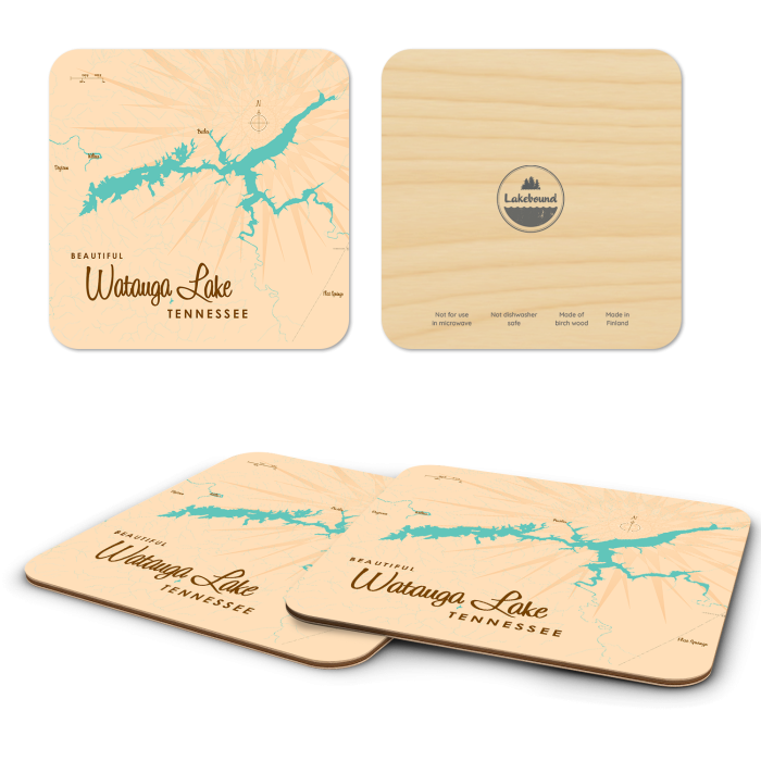 Watauga Lake TN birchwood 4x4 inch decorative coaster set by Lakebound - Trays4Us