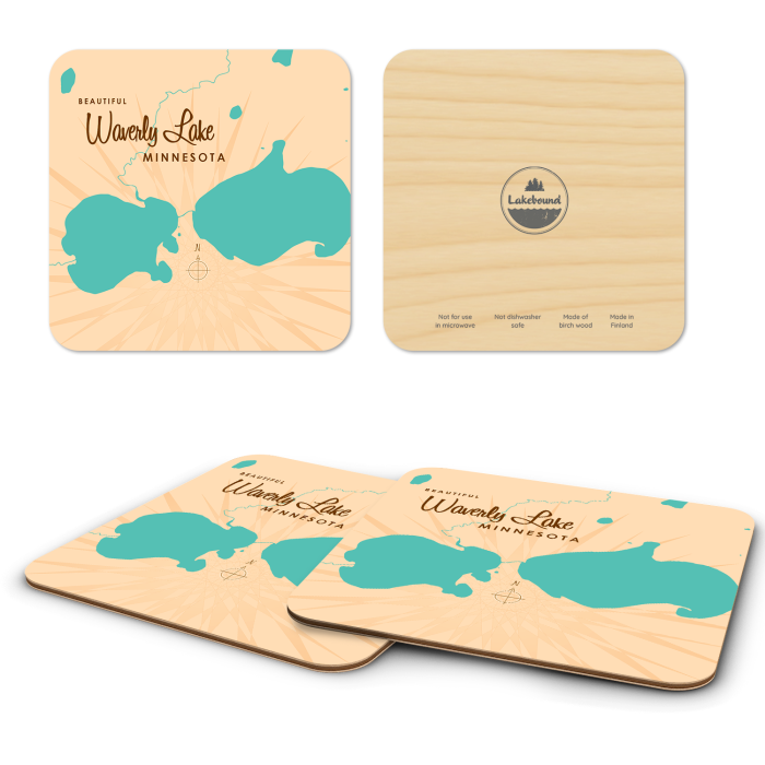 Waverly Lake MN birchwood 4x4 inch decorative coaster set by Lakebound - Trays4Us
