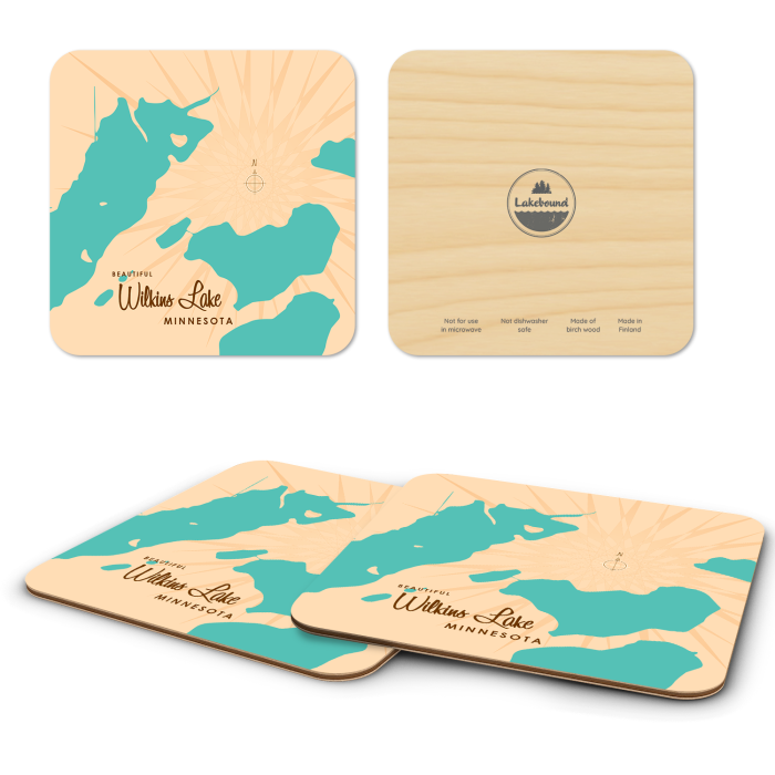 Wilkins Lake MN birchwood 4x4 inch decorative coaster set by Lakebound - Trays4Us