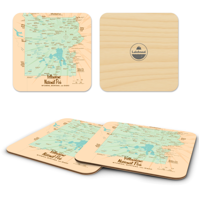 Yellowstone National Park WY MT ID birchwood 4x4 inch decorative coaster set by Lakebound - Trays4Us
