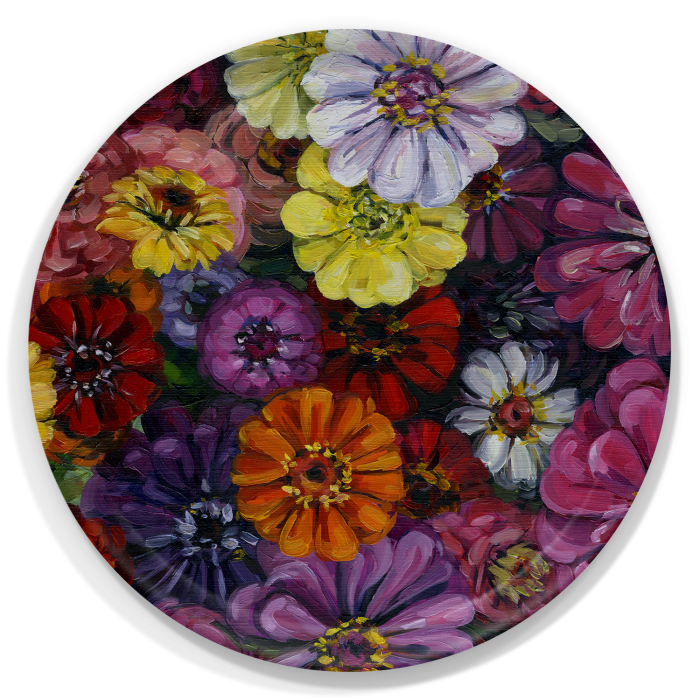 Zinias birchwood decorative serving tray round 15.7 inch by Alyssa Watters - Trays4Us