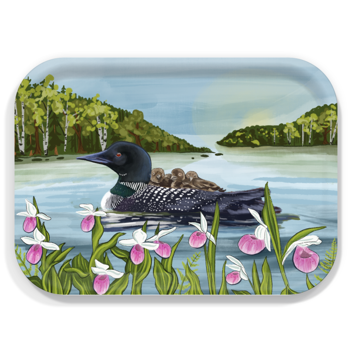 Loon and Lady Slippers birchwood decorative serving tray medium 11x8 inch by Little Rocks Design - Trays4Us