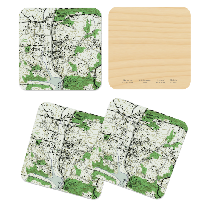 Ruxton MD 1943 birchwood 4x4 inch decorative coaster set by Historical Map - Trays4Us