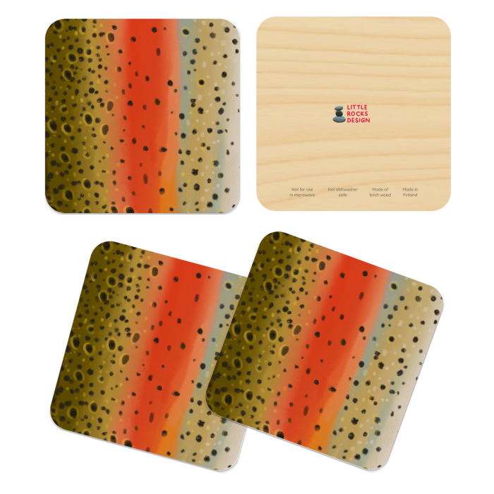 Rainbow Trout Pattern birchwood 4x4 inch decorative coaster set by Little Rocks Design - Trays4Us