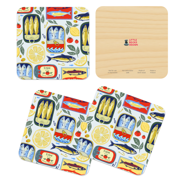 Tinned Fish birchwood 4x4 inch decorative coaster set by Little Rocks Design - Trays4Us
