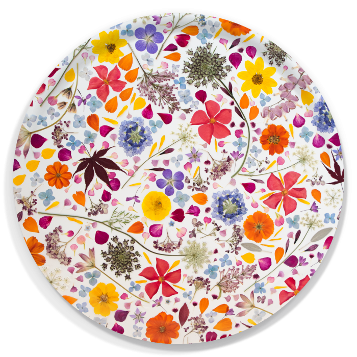 Mandevilla and Daucus birchwood decorative serving tray round 15.7 inch by Kerry Michaels - Trays4Us
