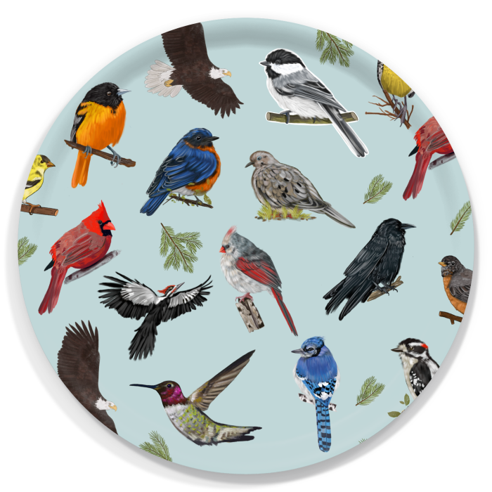 Midwest Birds birchwood decorative serving tray round 15.7 inch by Little Rocks Design - Trays4Us