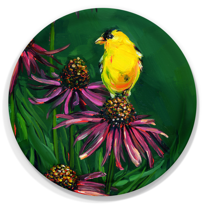 Goldfinch in Coneflowers birchwood decorative serving tray round 15.7 inch by Alyssa Watters - Trays4Us