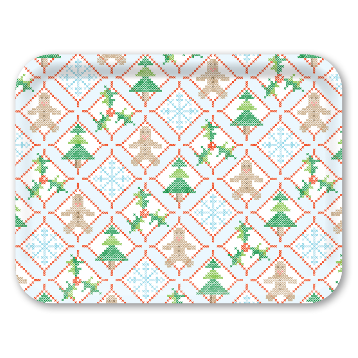 Holiday Cross Stitch birchwood decorative serving tray large 16.5x12.5 inch by Sara Fitz - Trays4Us