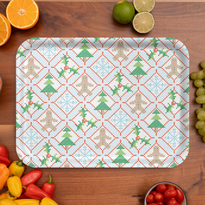 Holiday Cross Stitch birchwood decorative serving tray large 16.5x12.5 inch by Sara Fitz - Trays4Us