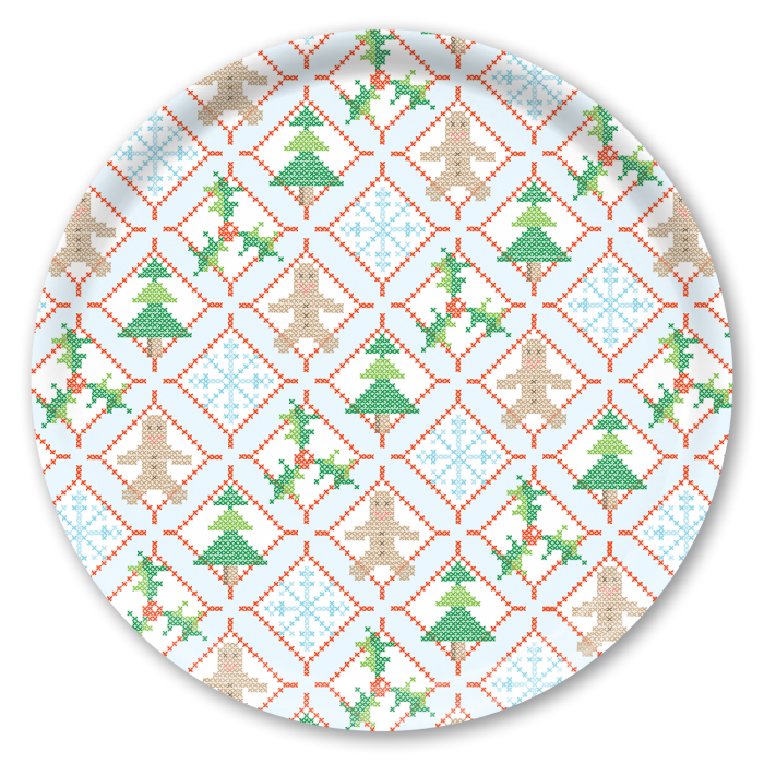 Holiday Cross Stitch birchwood decorative serving tray round 15.7 inch by Sara Fitz - Trays4Us