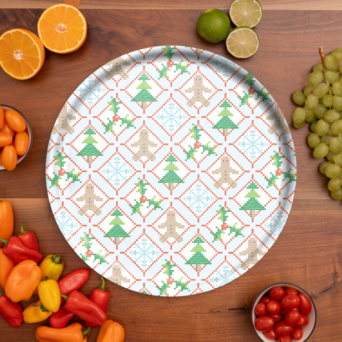 Holiday Cross Stitch birchwood decorative serving tray round 15.7 inch by Sara Fitz - Trays4Us