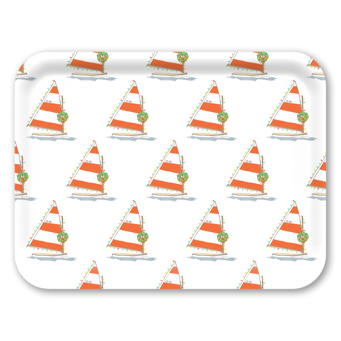Holiday Sailboat birchwood decorative serving tray large 16.5x12.5 inch by Sara Fitz - Trays4Us