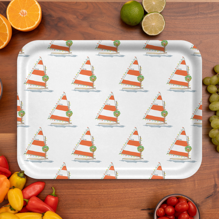 Holiday Sailboat birchwood decorative serving tray large 16.5x12.5 inch by Sara Fitz - Trays4Us