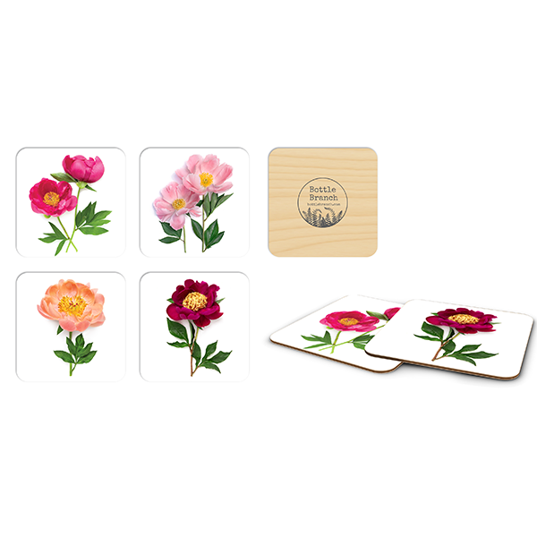 Peonies Coaster Set birchwood 4x4 inch decorative coaster set by Bottle Branch - Trays4Us