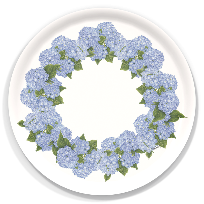 Hydrangea Wreath birchwood decorative serving tray round 15.7 inch by Betsy Barry - Trays4Us
