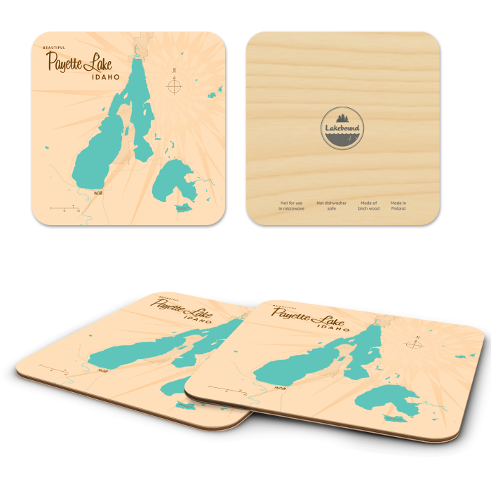 Payette Lake ID birchwood 4x4 inch decorative coaster set by Lakebound - Trays4Us